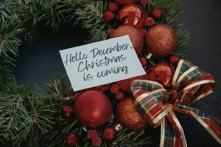 A festive Christmas wreath with red ornaments, berries, and a ribbon, accompanied by a note that...