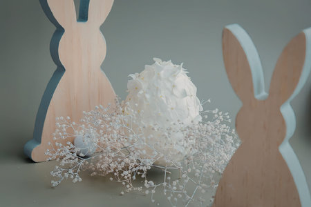 Two wooden bunny cutouts standing on either side of a white Easter egg and flowers