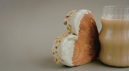 A broken donut with green frosting and sprinkles next to a cup of coffee