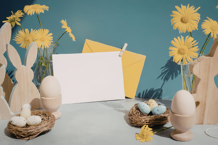Easter themed decoration with wooden bunnies, eggs, and flowers on a table.