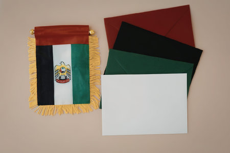 A small flag with a yellow fringe and a coat of arms is shown next to four fabric swatches in...