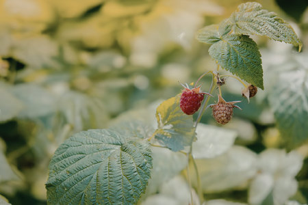 A close-up view of a raspberry bush with vibrant green leaves and ripe red raspberries.