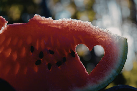 A close-up of a watermelon slice with a heart-shaped cutout, showcasing its vibrant red color and black seeds.の写真素材