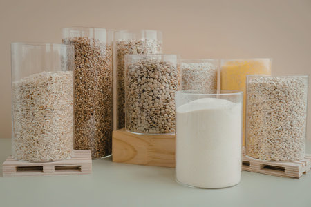 A collection of glass containers filled with different types of grains and a container of milk, arranged on wooden pallets and a table.の写真素材