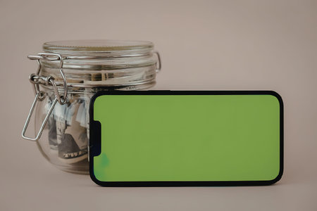 A green screen phone mockup placed next to a glass jar with a metal clasp on a beige background.