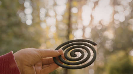 A hand holding a mosquito coil in a natural outdoor setting with greenery and sunlight in the background.の写真素材