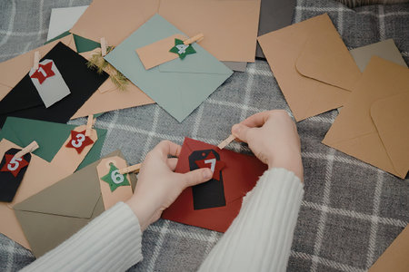 A person is crafting with various colored paper pieces on a plaid surface.