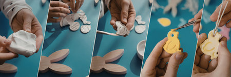A collage of hands crafting with paint and glue on a blue surface.