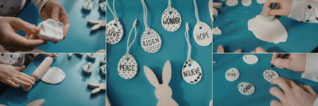 A collage of hands decorating Easter eggs on a blue table with various egg ornaments.