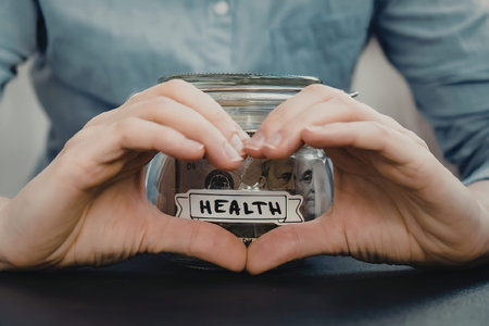 A person holding a glass jar with the word 'HEALTH' on it, symbolizing health savings.の写真素材