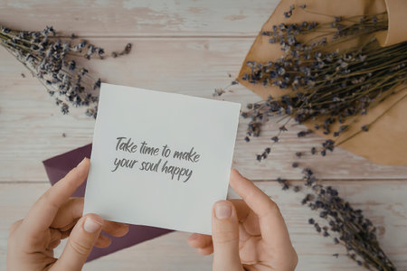 A person holds a card with a message, 'Take time to make your soul happy', amidst lavender flowers...