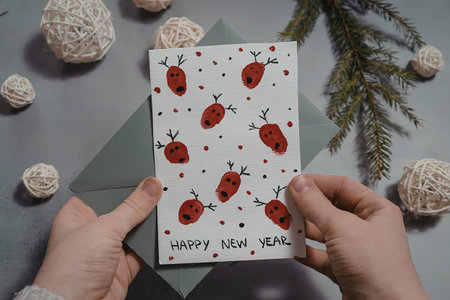 A person holding a New Year's card, surrounded by festive decorations.