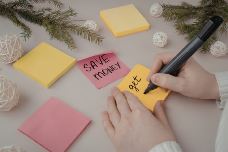 A person's hands writing on colorful sticky notes with a pen on a table surrounded by Christmas...