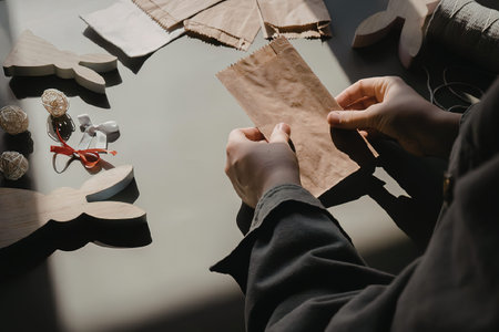 A person working on a craft project with paper and threadsの写真素材