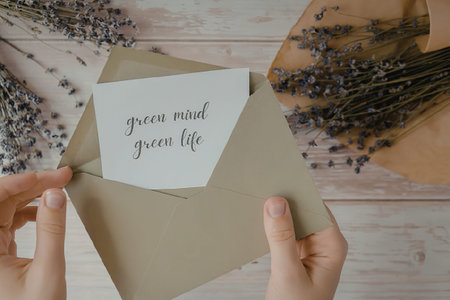 A pair of hands holding a green envelope with a white card in a rustic setting with dried lavender flowers.の写真素材