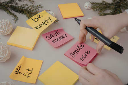 A person's hands are writing on and arranging colorful sticky notes with motivational phrases like...