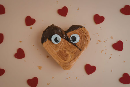 A heart shaped cookie with candy eyes on a beige background surrounded by small red hearts.の写真素材