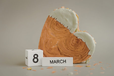 A heart shaped cake with green icing and orange cake, next to a calendar block showing March 8の写真素材