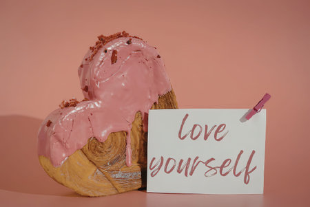 A heart-shaped donut with pink frosting and a note that says 'love yourself'の写真素材