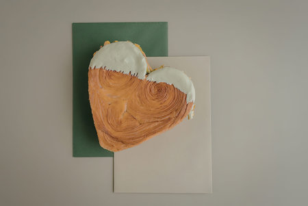 A heart shaped cookie with white icing on top, placed on a card.の写真素材