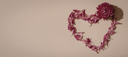 A heart shape made of pink flower petals on a beige background, conveying love and romance.の写真素材
