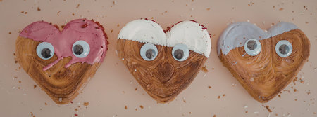 Three heart shaped cookies with candy eyes and icing on top