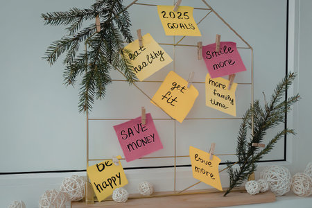 A house-shaped board with colorful notes and greenery on a wooden baseの写真素材