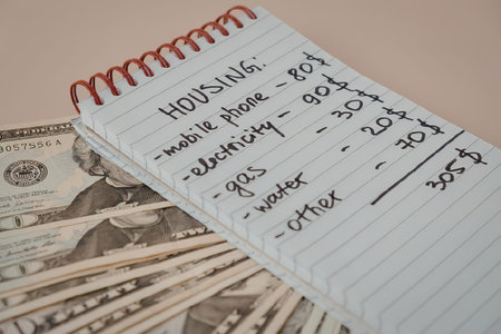 A notebook with handwritten household expenses on top of a stack of dollar bills.の写真素材