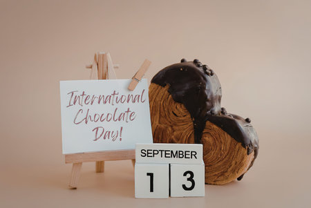 A chocolate glazed pastry on a table with a sign that reads International Chocolate Day and a calendar showing September 13の写真素材