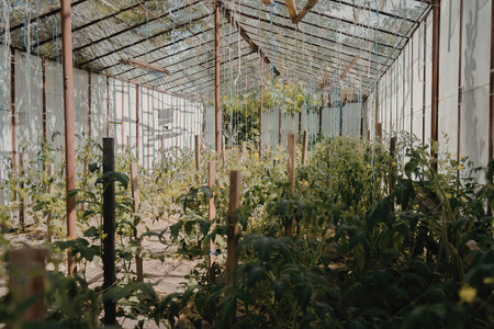 A blurry image of a greenhouse with various plants and a metal framework