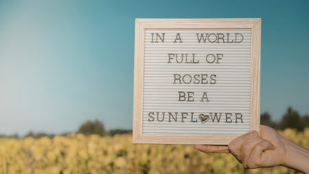 A hand holding a sign with an inspirational quote in a field of sunflowers.の写真素材