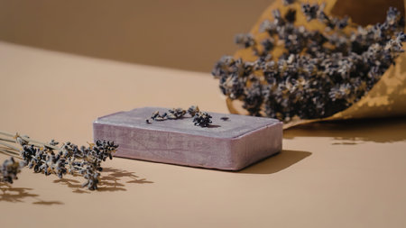 A purple soap bar with dried lavender flowers on top and around it, placed on a beige surface.の写真素材