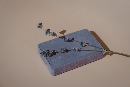A purple soap bar with dried lavender flowers on top, casting a shadow on a beige backgroundの写真素材