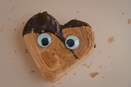 A heart shaped piece of toast with candy eyes and chocolate hairの写真素材