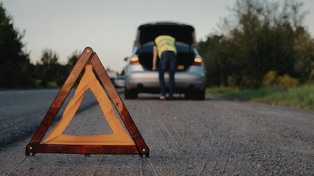 A man in a yellow vest stands beside a car on the side of a road with its trunk open and an orange...