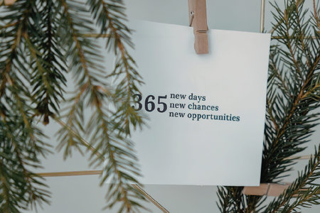 A white card with the text '365 new days new chances new opportunities' hanging on a clothespin...