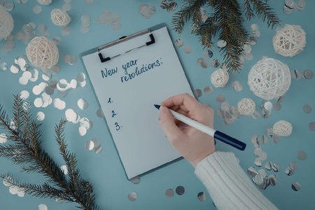 A hand holding a pen writing on a clipboard with new year celebrations written on top, surrounded by...