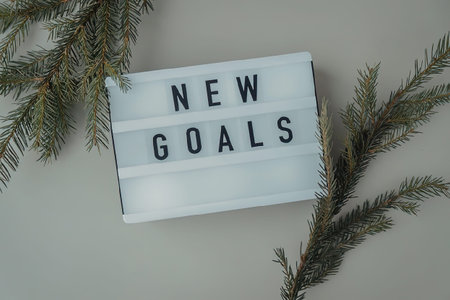 A lightbox sign with 'NEW GOALS' surrounded by evergreen branches on a grey background, symbolizing new beginnings and resolutions.の写真素材