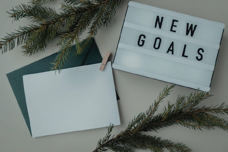 A flat lay image with a sign that reads 'New Goals', a blank note card, and evergreen branches on a gray background.の写真素材