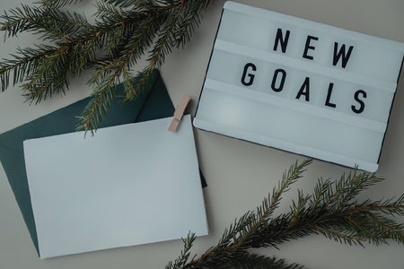 A lightbox with 'NEW GOALS' and a blank note card with a clothespin on a green background with pine branches.の写真素材
