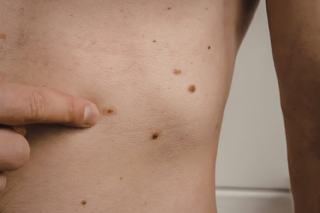 close-up of a person's torso with several moles on their skin, one being pointed to by a fingerの写真素材