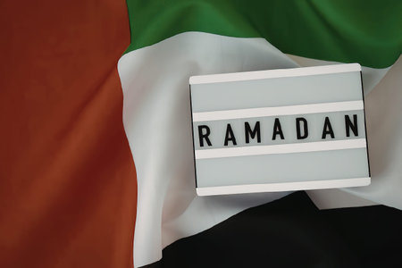 A lightbox with the word 'Ramadan' on the United Arab Emirates flag