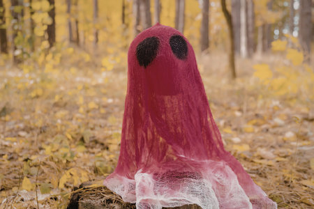 A pink ghost with black eyes sits on a log in a forest with yellow leaves.