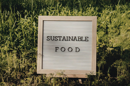 A sign with sustainable food written on it placed in a grassy fieldの写真素材