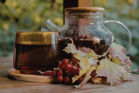 A glass of tea and a teapot with fresh herbs and berries on a wooden table outdoors.の写真素材