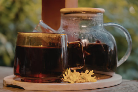 A glass teapot and cup filled with dark tea, placed on a wooden tray with a yellow flower, set against a blurred green outdoor background.の写真素材