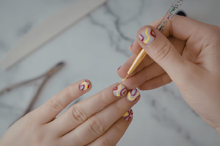A person's hand receiving a nail polish application with a gold brush.の写真素材