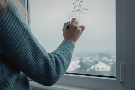 A woman in a blue sweater drawing on a foggy window with a fingerの写真素材
