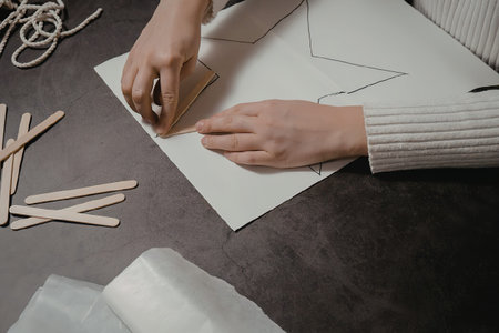 A person is preparing a paper template for a sewing project, with clothespins and string on the table.の写真素材
