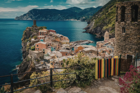A picturesque coastal town situated on a cliffside, overlooking a vast blue sea and surrounded by...
